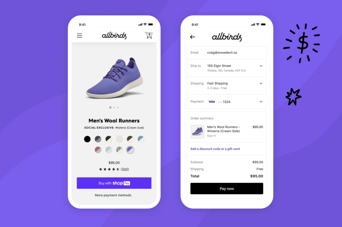 Example of ecommerce brand Allbirds checkout using Shop Pay