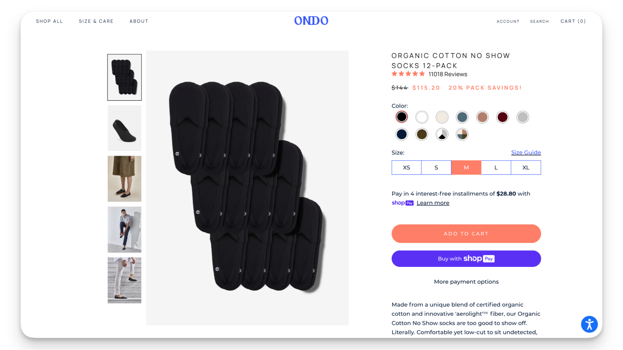Product page from Ondo offering BNPL options through Shop Pay Installments