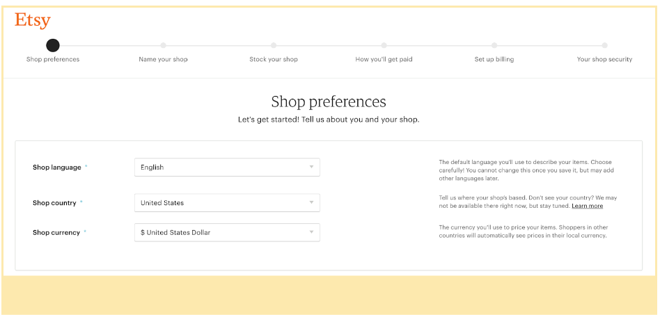 The setup process for creating a shop on Etsy, including country and language preferences