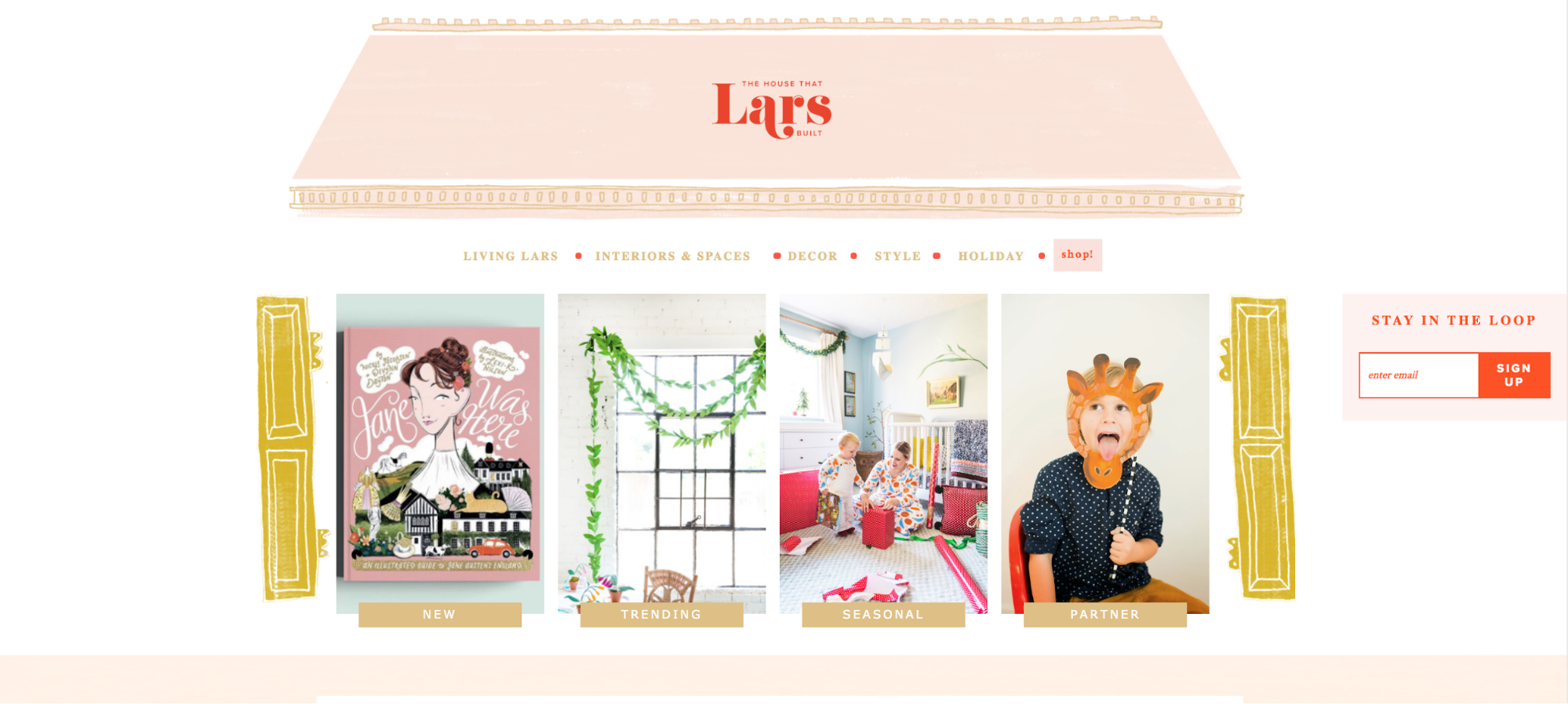 The House Of Lars homepage, with a hero banner shaped like the roof of a house, and illustrations of window panes on either side of the blog post modules