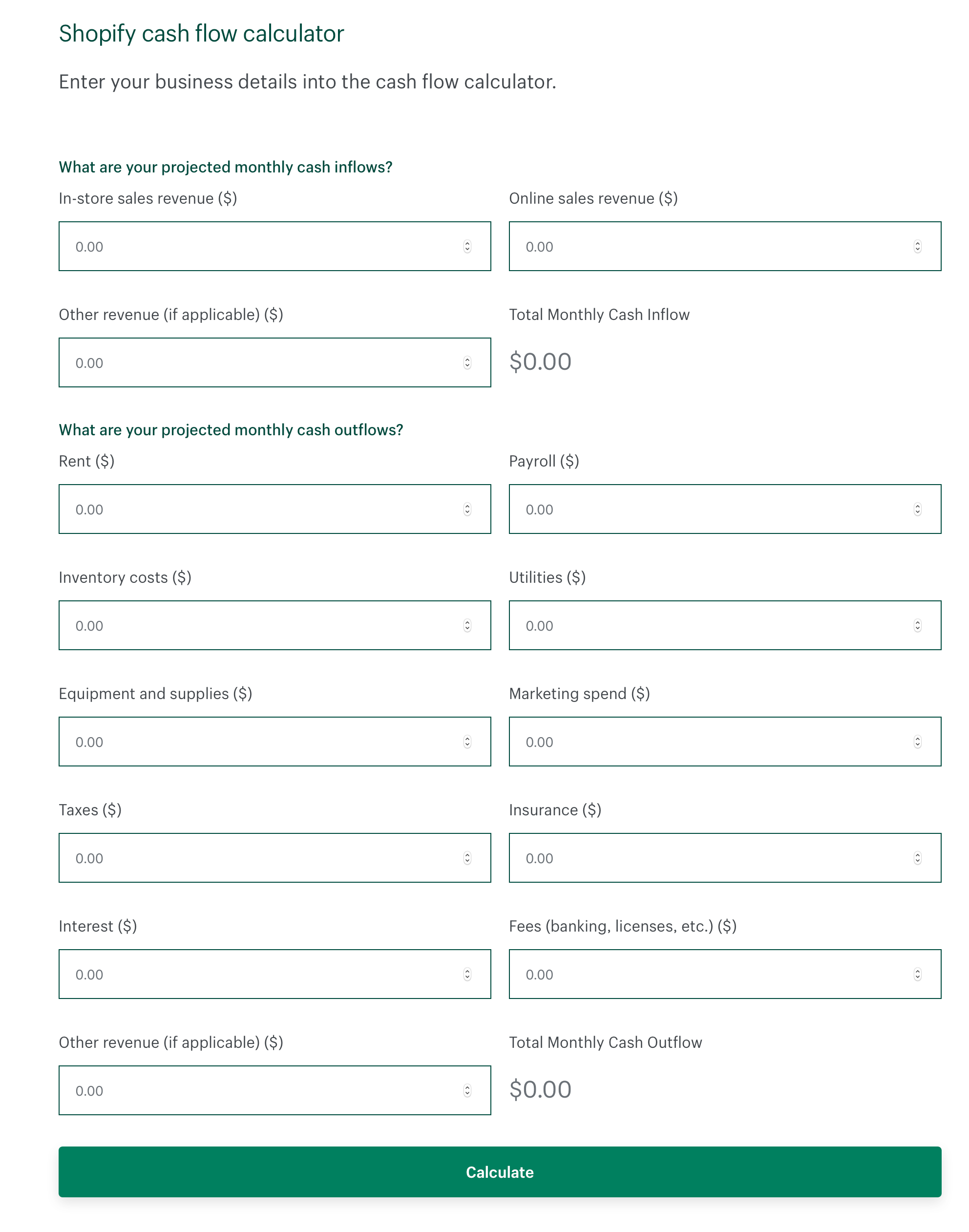 An image of Shopify's web tool, the Cash Flow Calculator, where your can input projected monthly cash inflows and projected monthly cash outflows to estimate a business's cashflow.