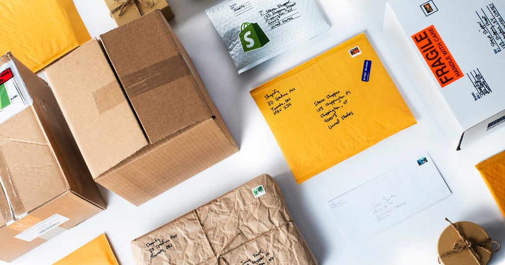 Flat lay of packages and envelopes