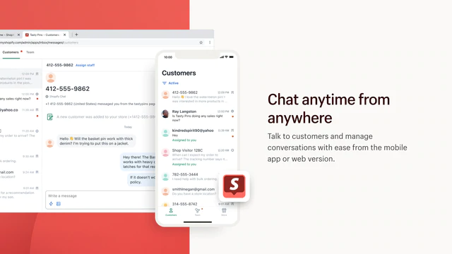 Shopify inbox platform on mobile and desktop next to the text, chat anytime from anywhere