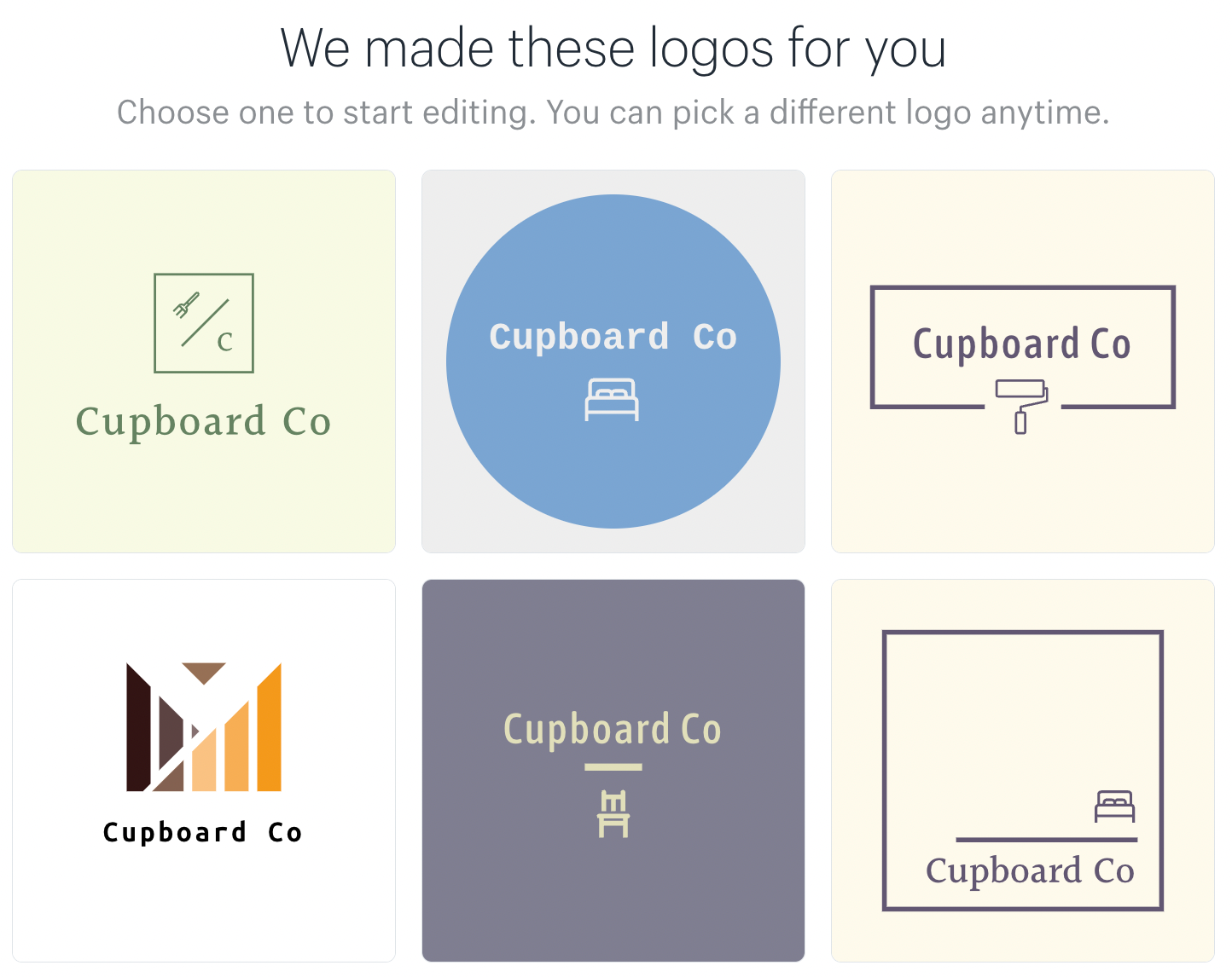 Screenshot of some of the logo designs from Shopify’s free logo maker.
