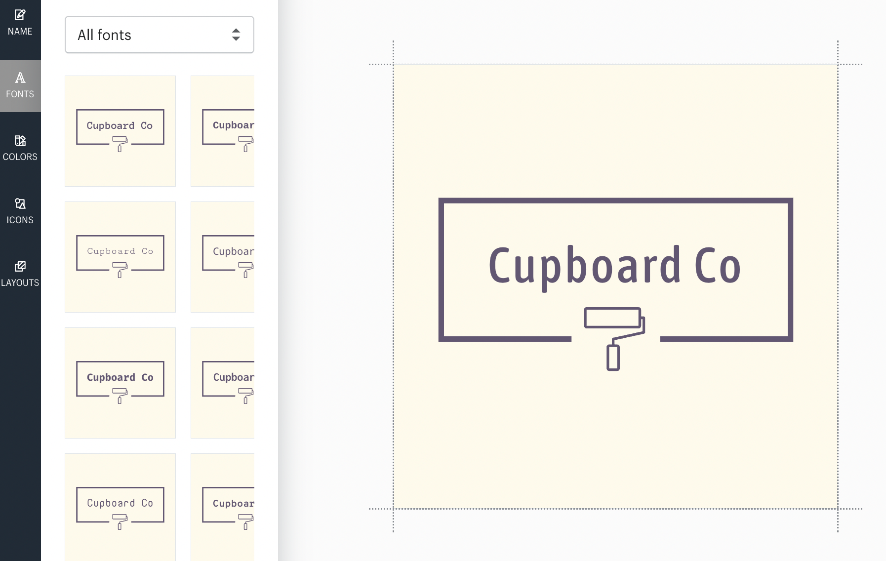 The editing dashboard in Shopify’s free logo maker, where you can change the font, colors, and icons.