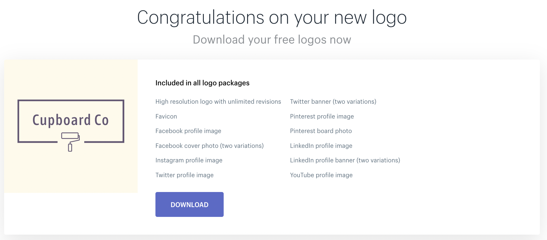 A screenshot of the different branded collateral Shopify’s free logo maker creates based on your chosen logo design.