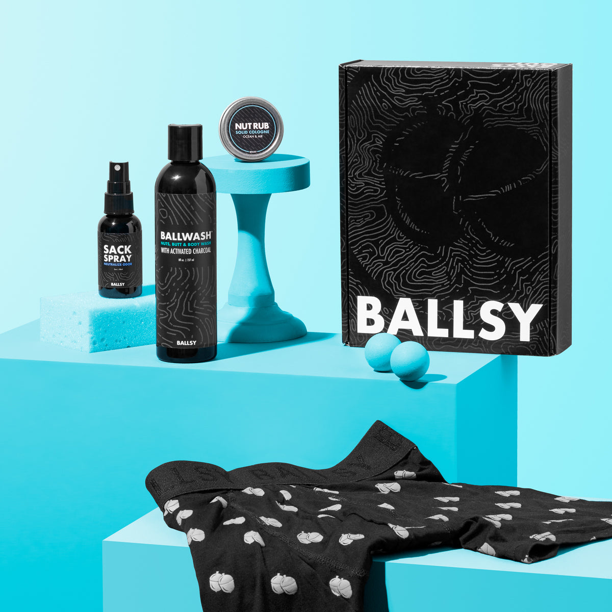 A set of personal care items from Ballsy along with a pair of underwear.