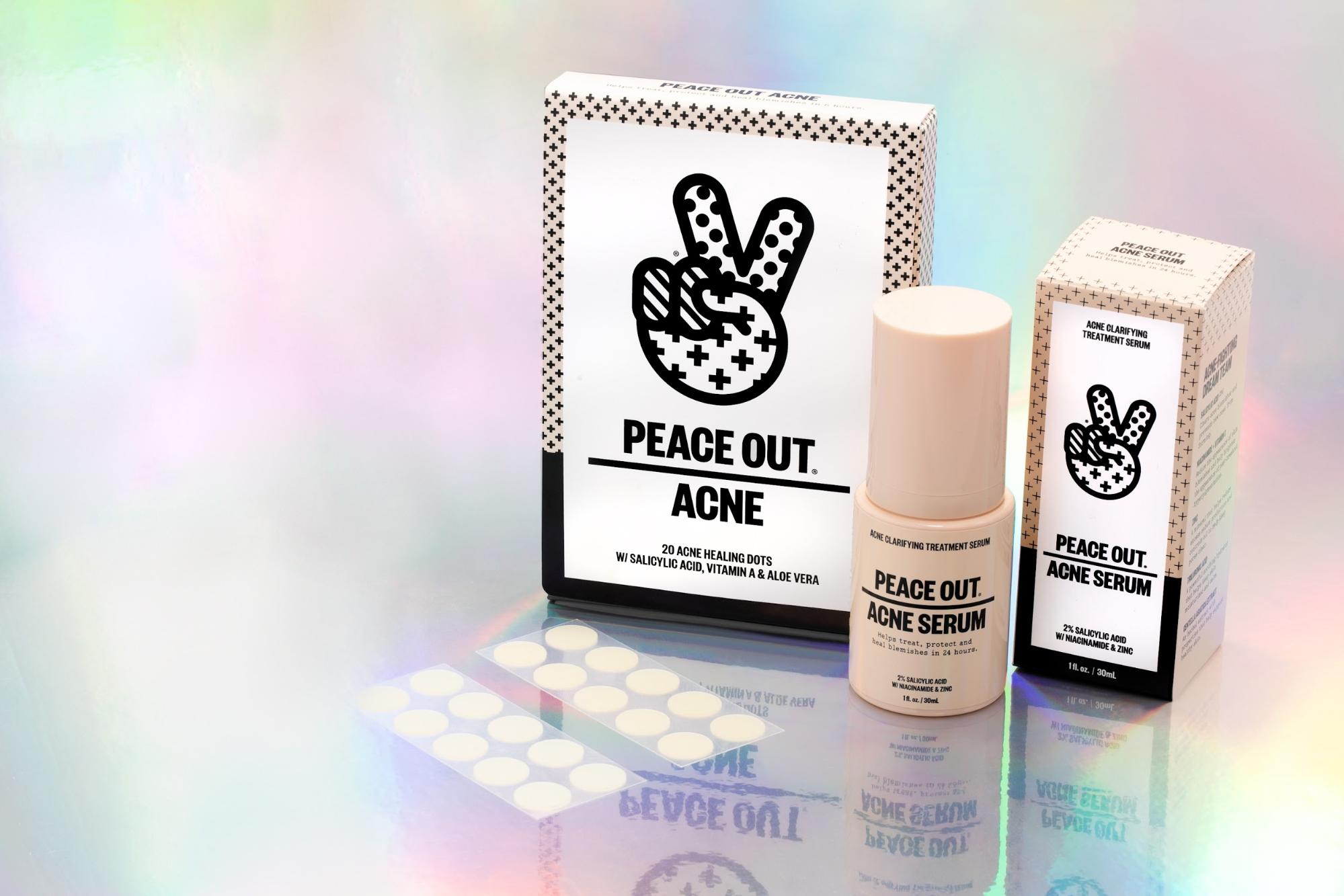 The Acne Healing Dots and Acne Serum from Peace Out Skincare against a holographic backdrop.