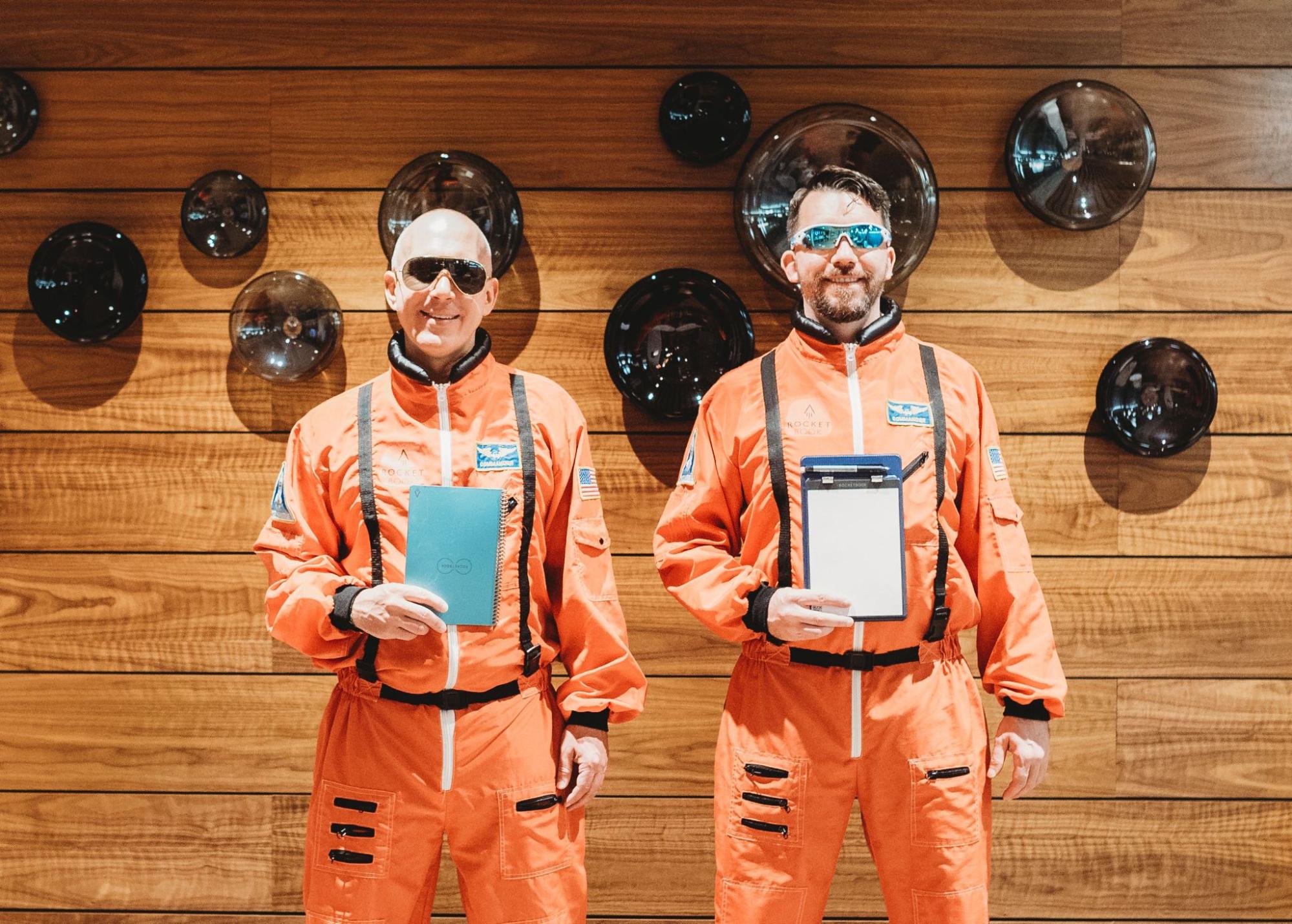  Joe Lamey and Jake Epstein in their astronaut suits and Rockebooks. 