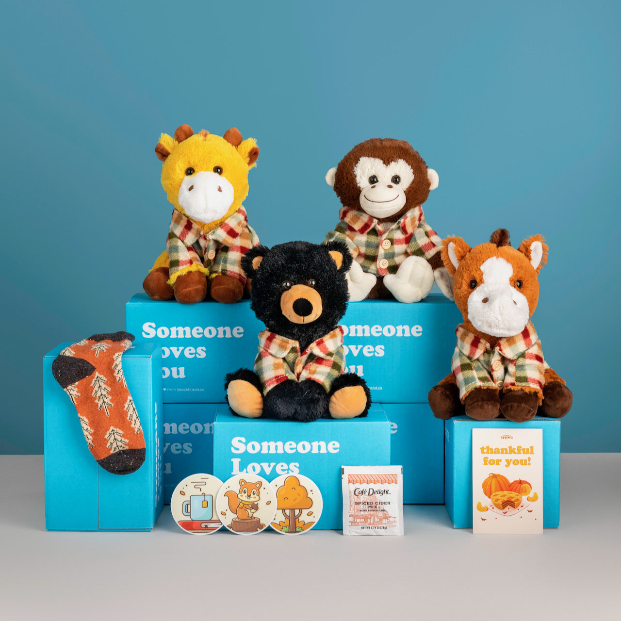 An array of stuffed animals, stickers, socks and cards from SendAFriend.