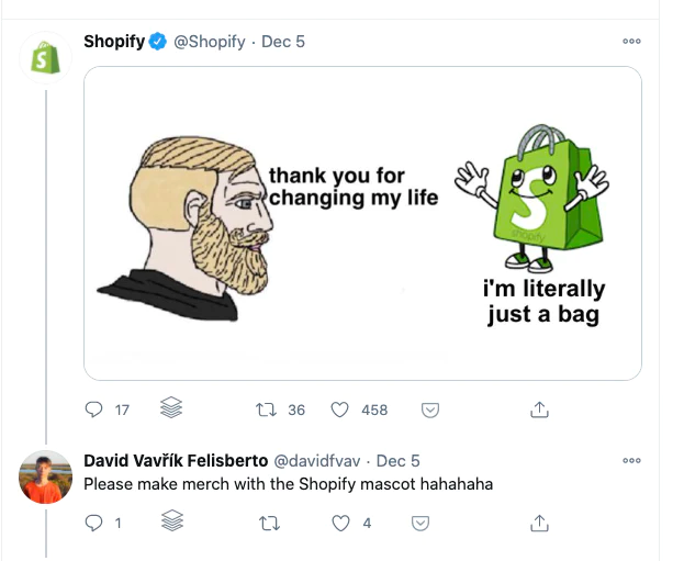 Tweet d'un mème avec Shoppy (un sac à provisions avec un visage), avec un fan demandant des produits Shopify.