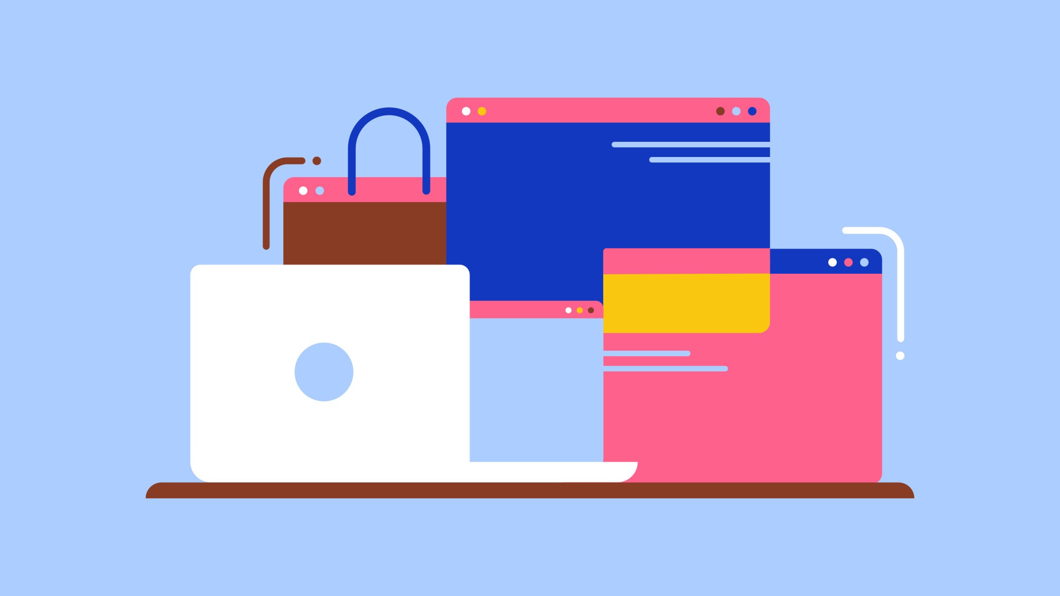 Graphic illustration depicting shopping bags, webpages and a laptop