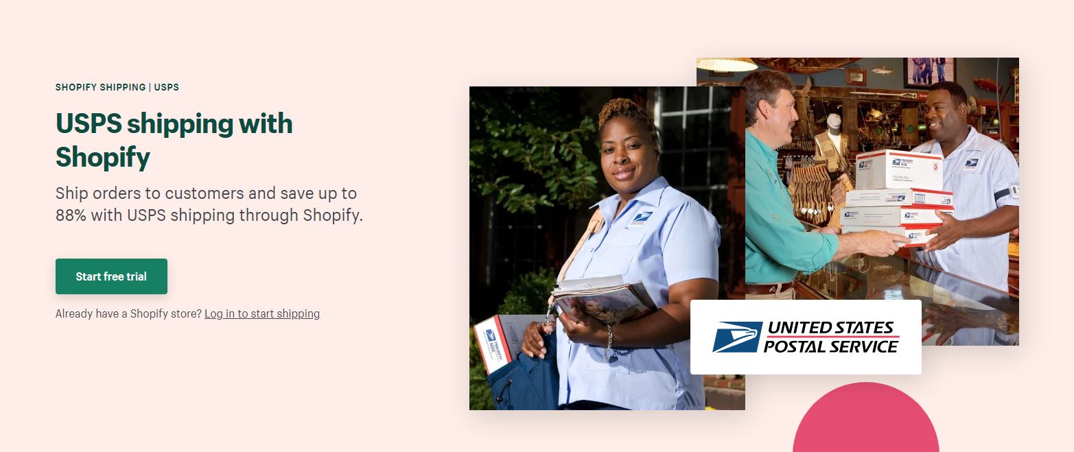 Shopify Shipping の USPS ランディング ページのスクリーンショット