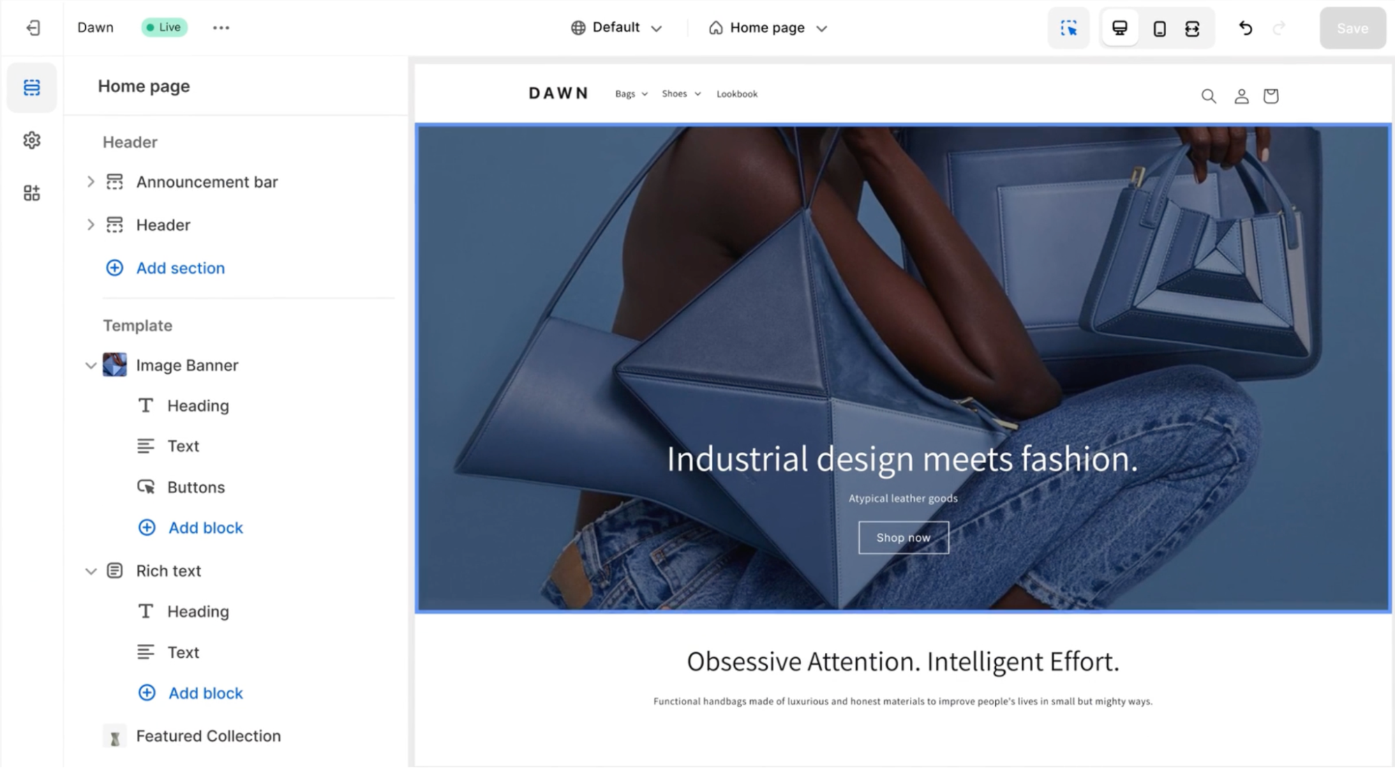 Shopify online store builder admin shows a large header image with a person modeling handbags.