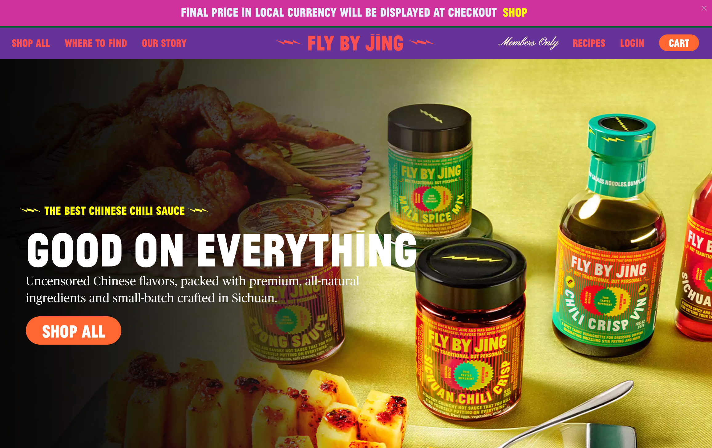 Homepage for Shopify-powered ecommerce store Fly by Jing