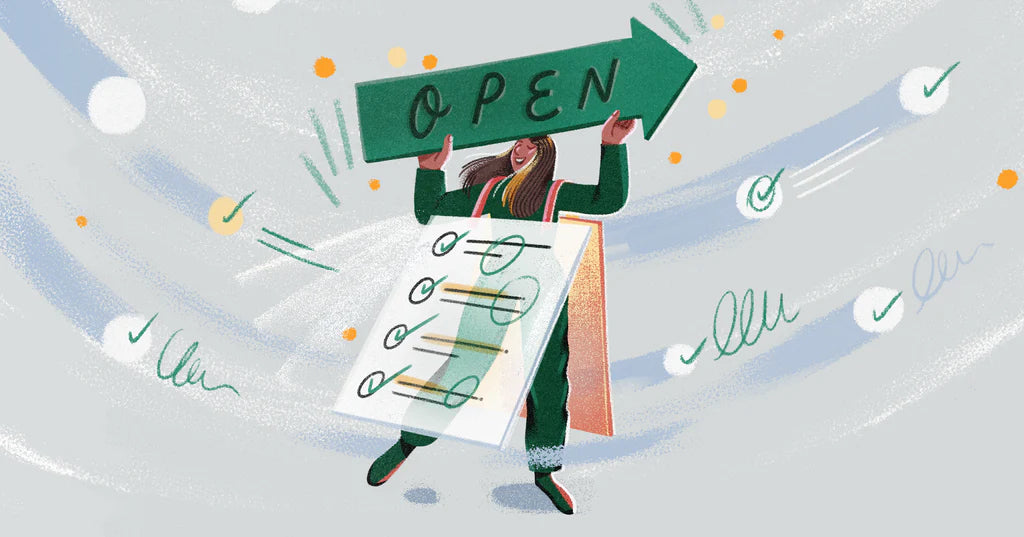 Illustration of a person holding up an open sign while also wearing a sandwich board checklist