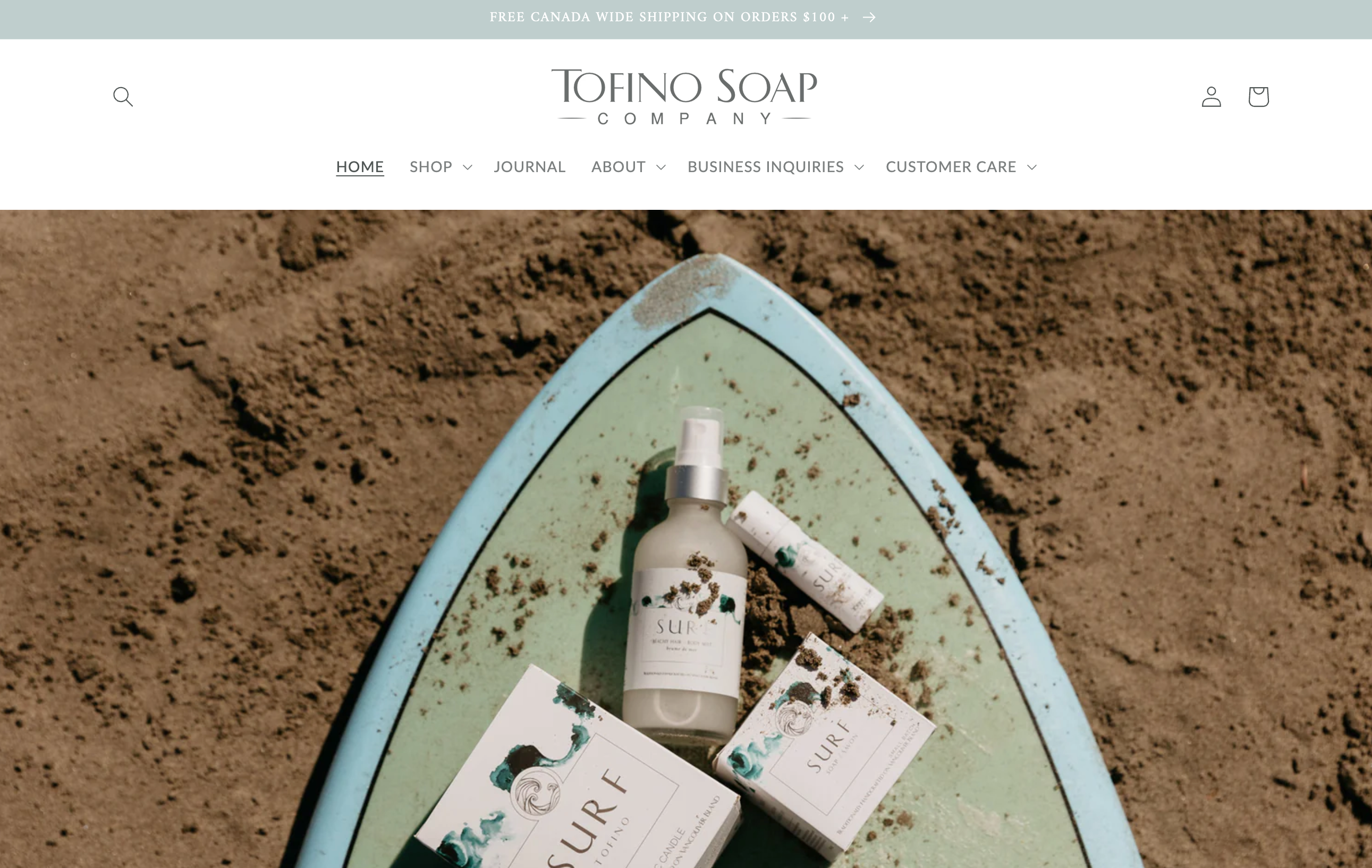 Homepage for Shopify-powered ecommerce store Tofino