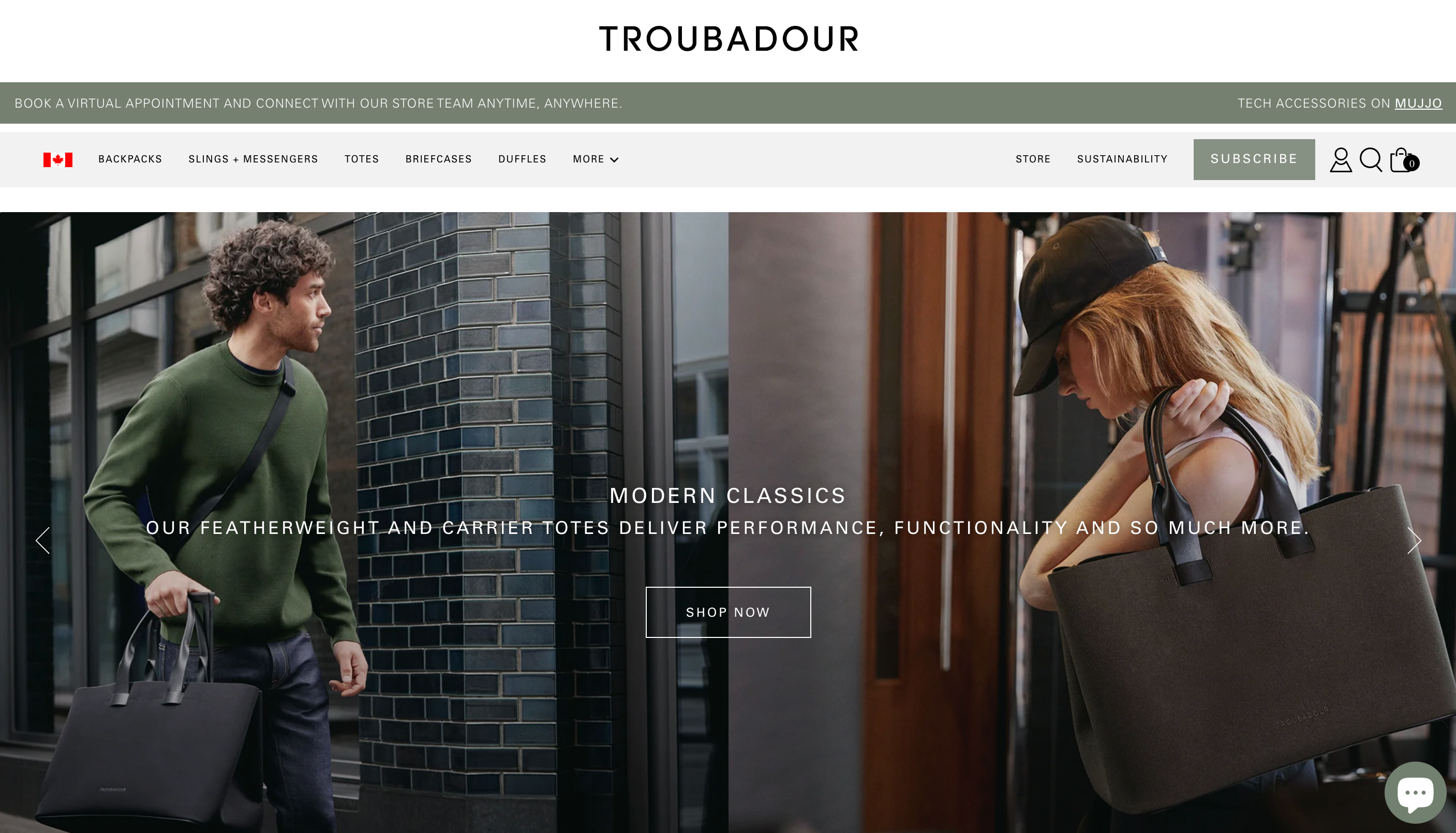 Home page for the ecommerce website of Shopify store Troubadour