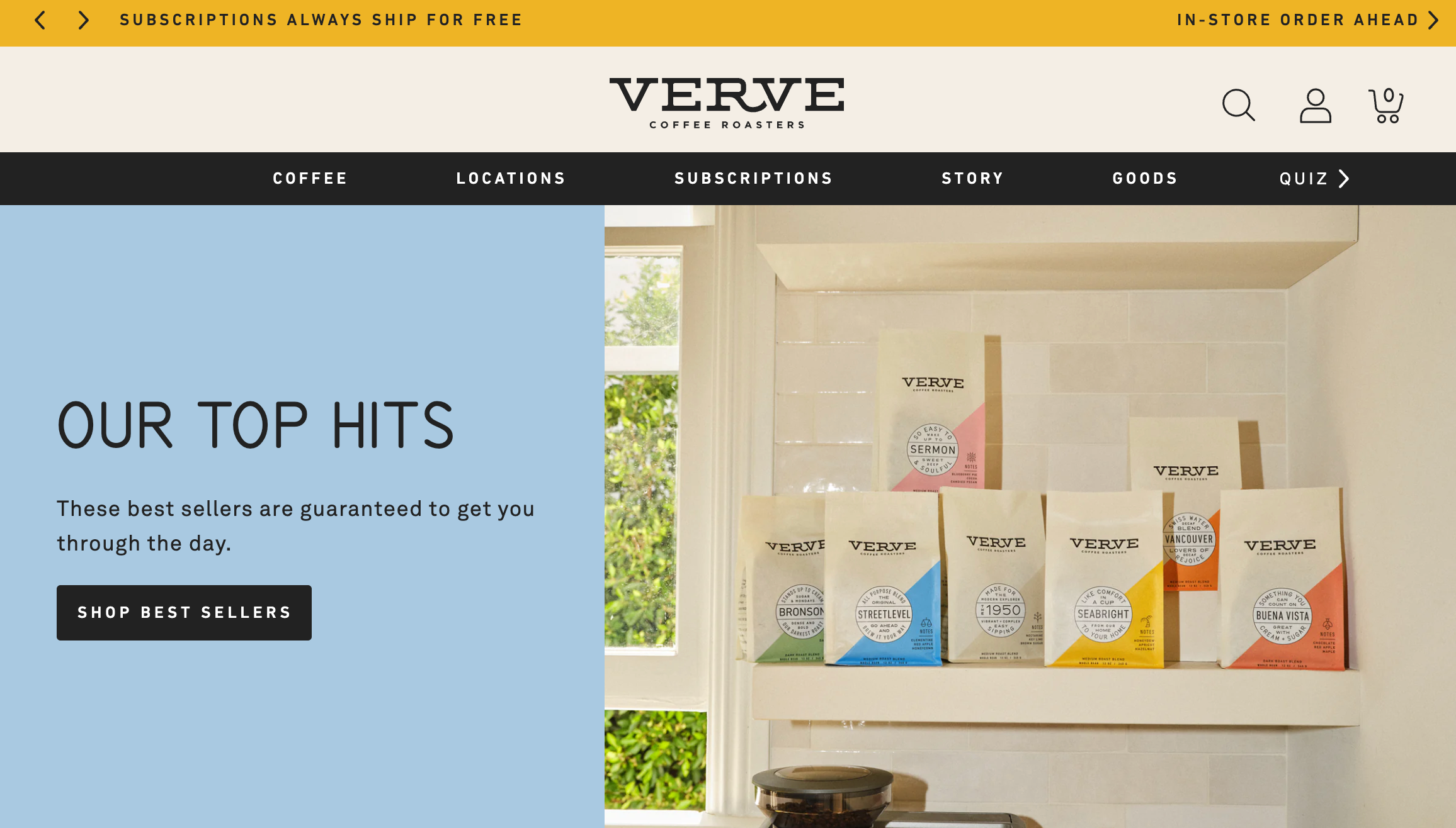 Homepage for Shopify-powered ecommerce store Verve