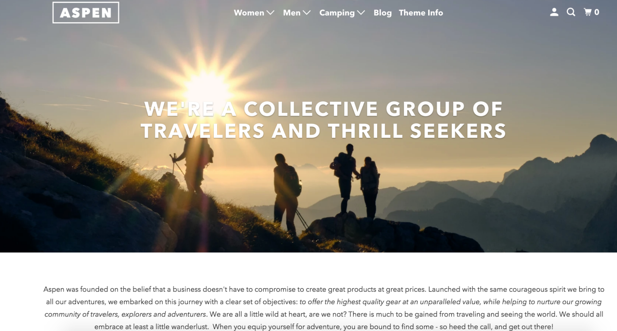 The Aspen company About Us page showing a group of hikers at the top followed by text below