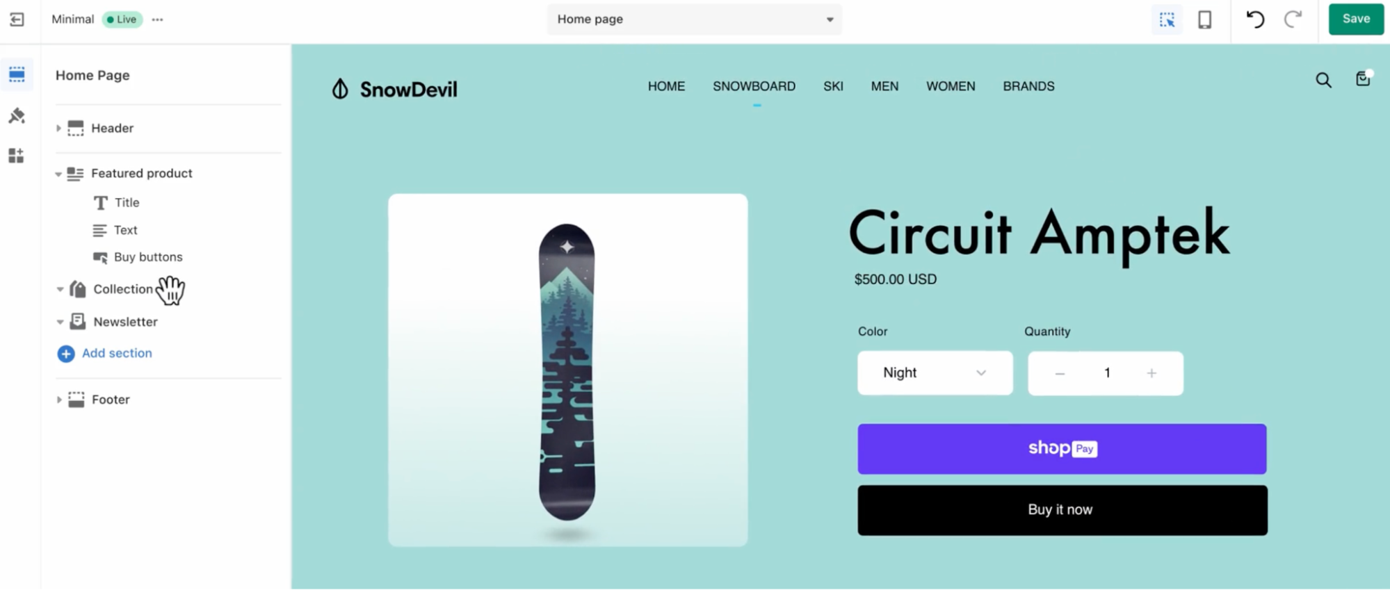 Shopify’s online store builder with a sample product page selling snowboards.