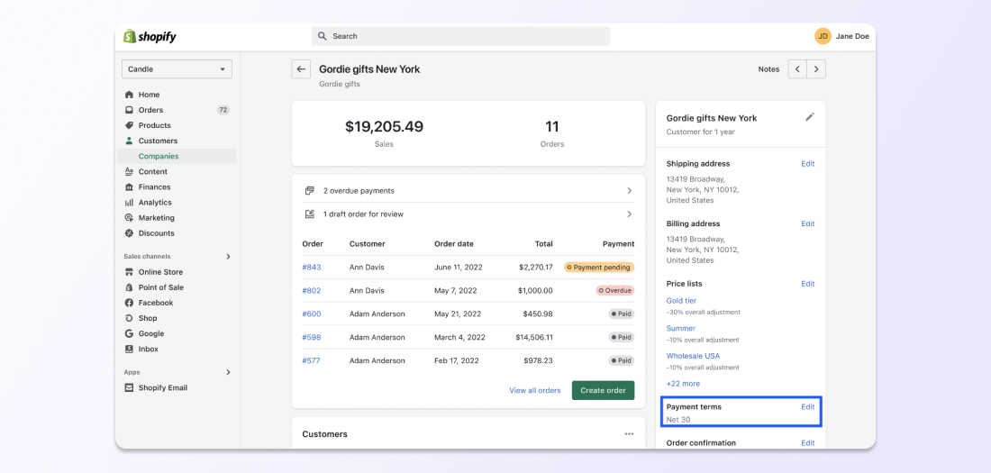 Net 30 payment terms are set on a B2B order from Gordie Gifts, using Shopify Plus.
