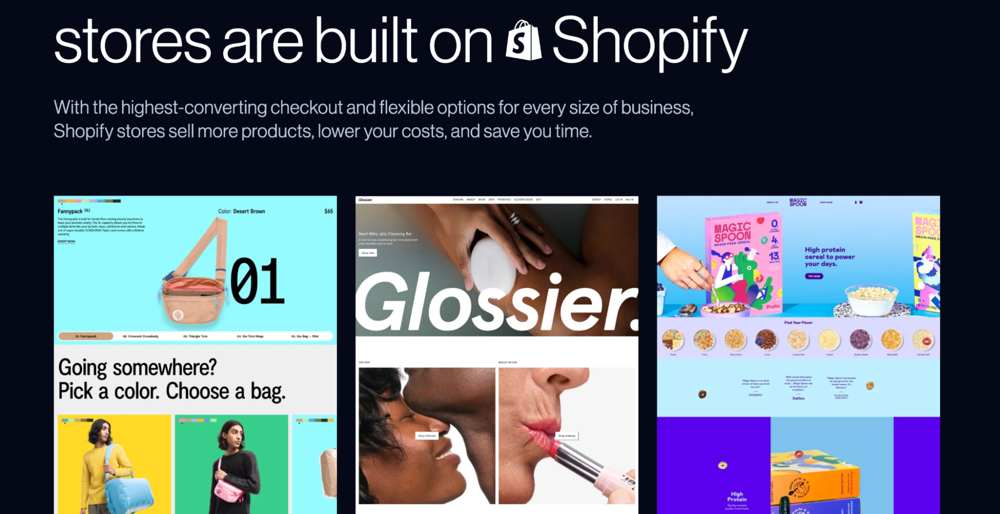 Three Shopify websites with colorful product photography and modern designs are displayed on Shopify.com.