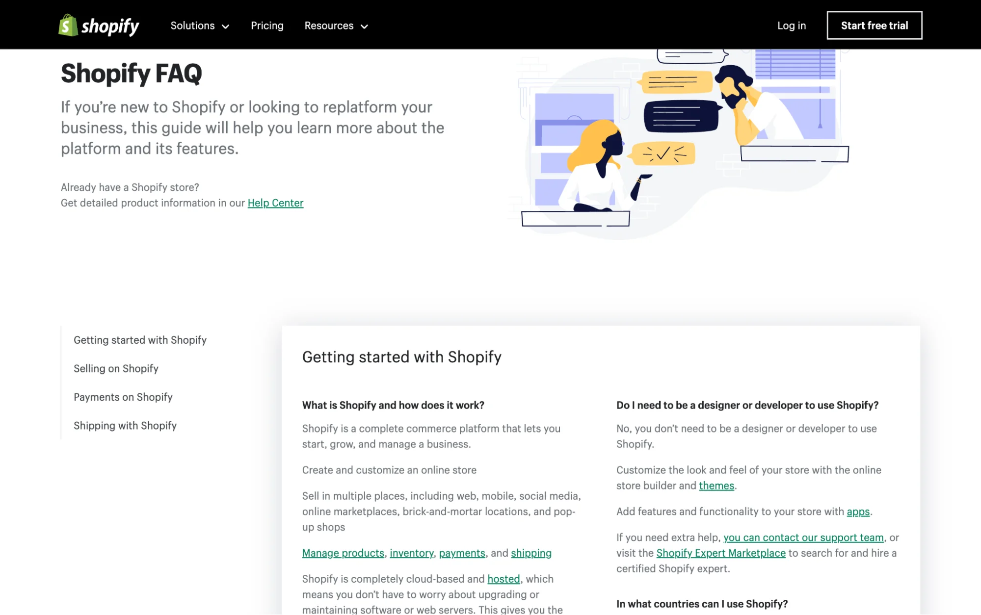 The Shopify FAQ page with info on how to get started on the platform