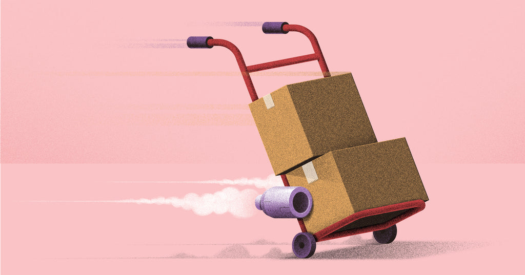 Illustration of boxes on dolly that is moving incredibly fast