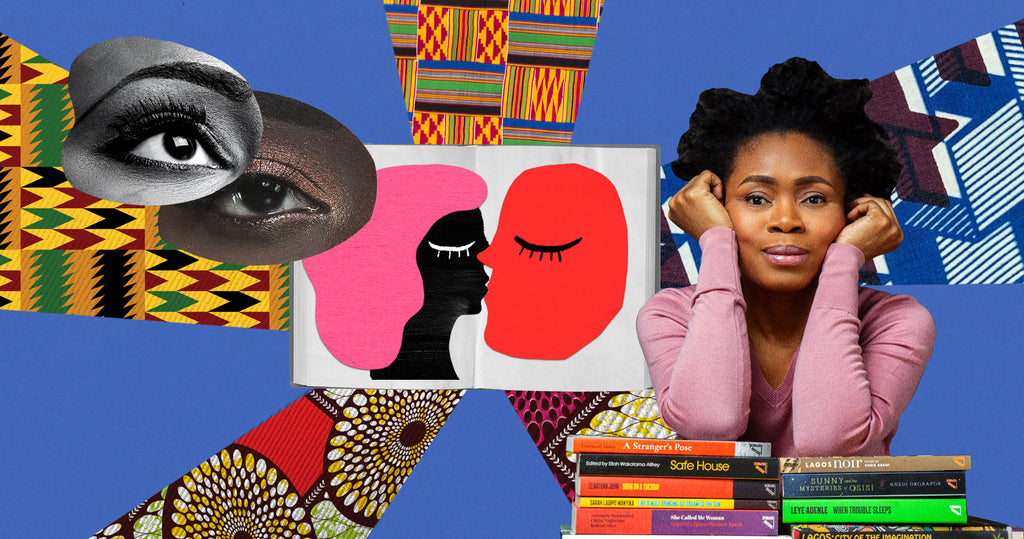 木薯共和国出版社和安卡拉出版社出版总监Bibi Bakare-Yusuf的照片拼贴。比比的背后是各种非洲面料的样板。在画框的中间是一本打开的书，书页上有两张插图，一黑一红，他们正在接吻，以反映浪漫小说的想法。