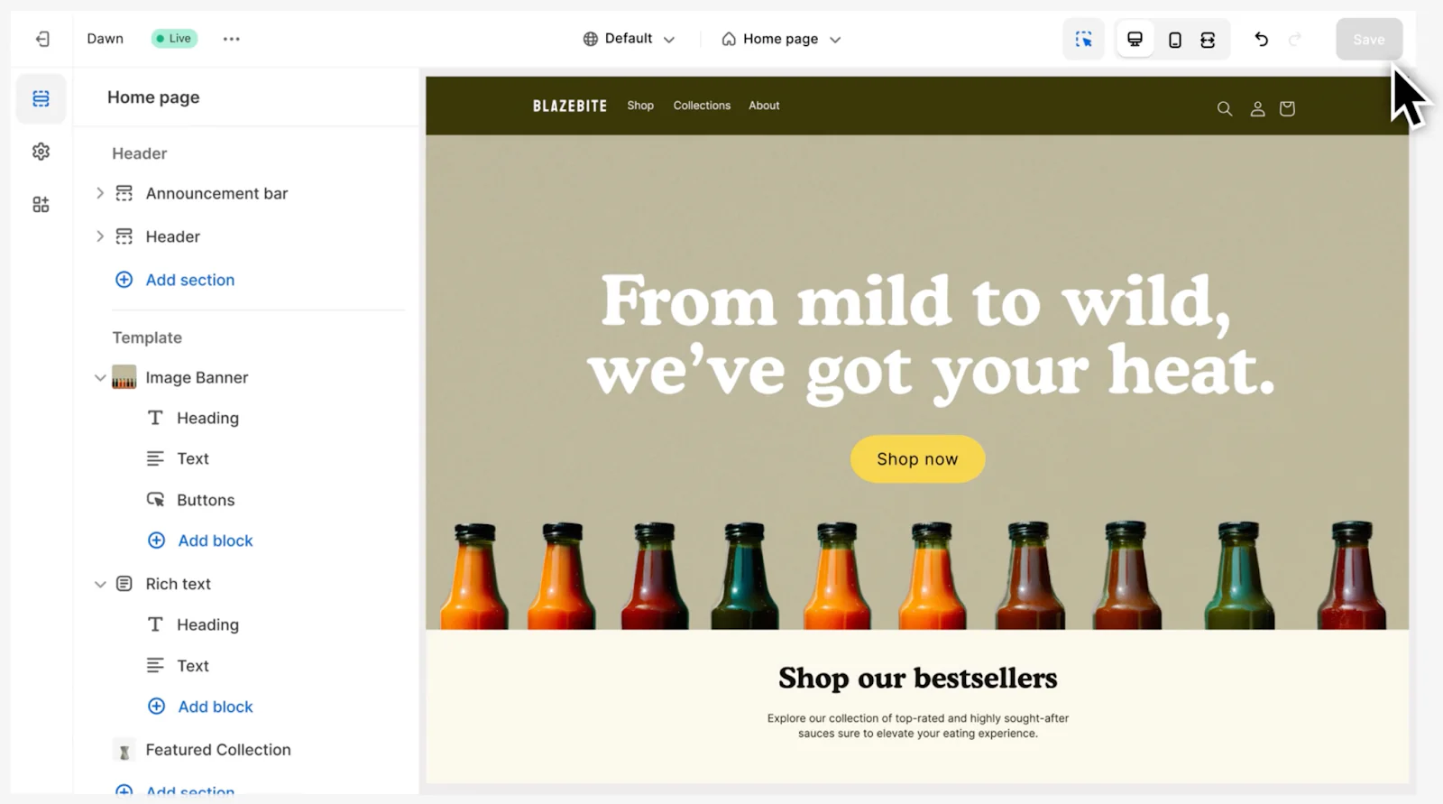 The Shopify ecommerce platform in action, showing the homepage of a hot sauce store.