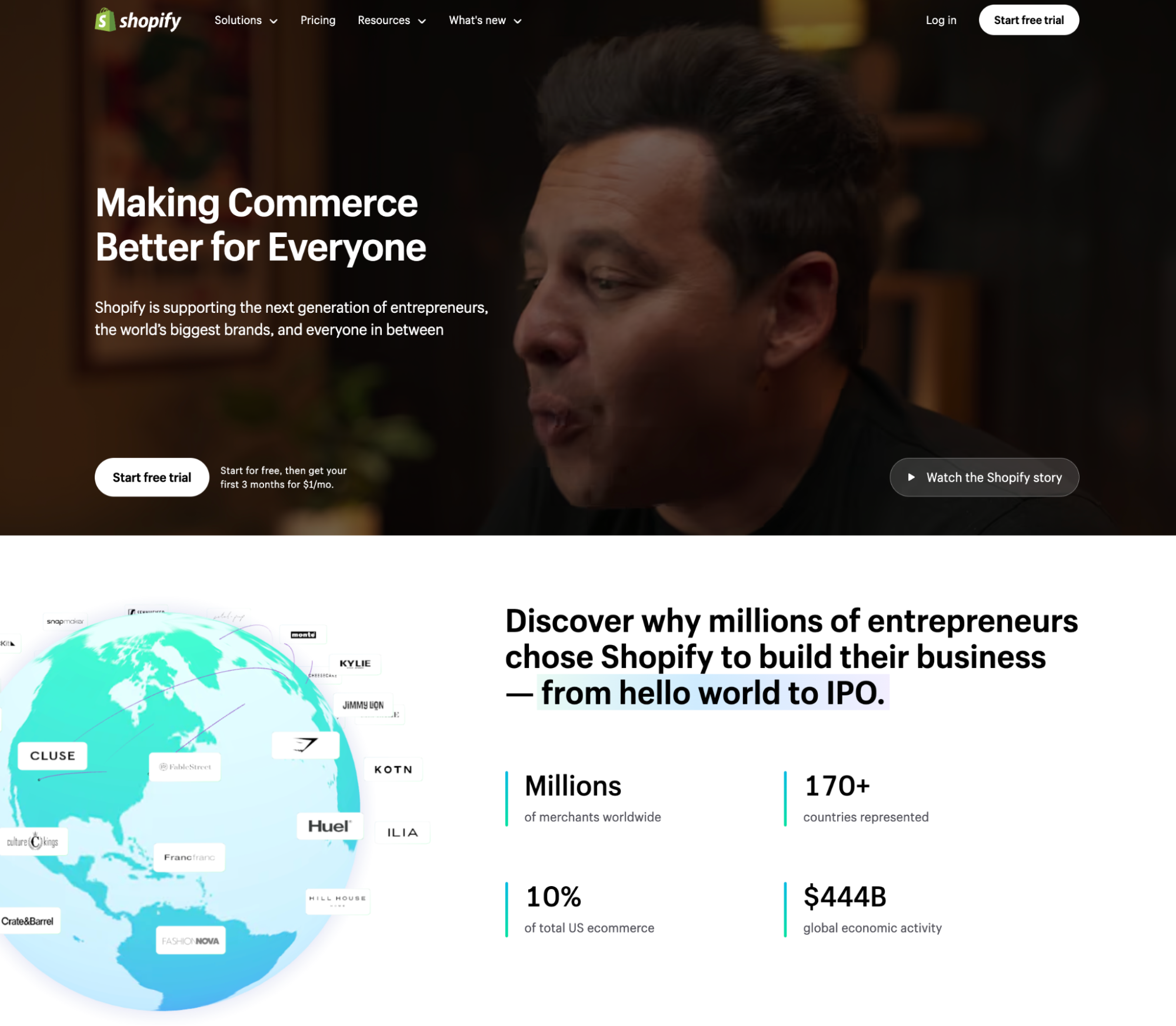 Image of Shopify’s homepage featuring tagline “making commerce better for everyone.”