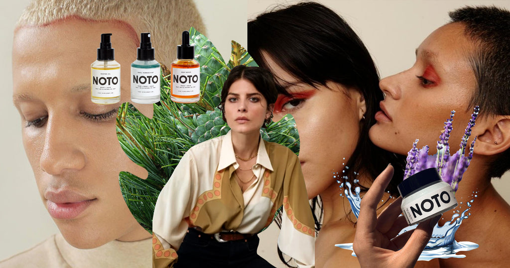 Noto植物学创始人格洛丽亚·诺托的照片拼贴。在她的左边是一个男模特上方的三张产品照片。在她的右边是两个涂着红色眼影的女模特，手里拿着一款NOTO产品。