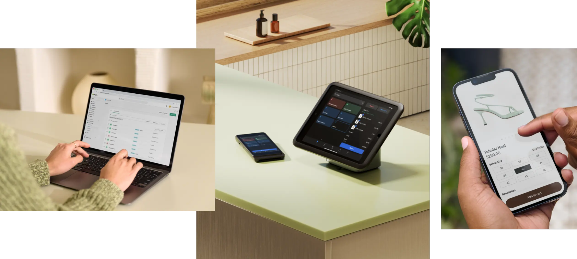 Three images of Shopify POS, someone using it on a laptop (left); tablet and mobile POS on counter (center); mobile POS app (right)