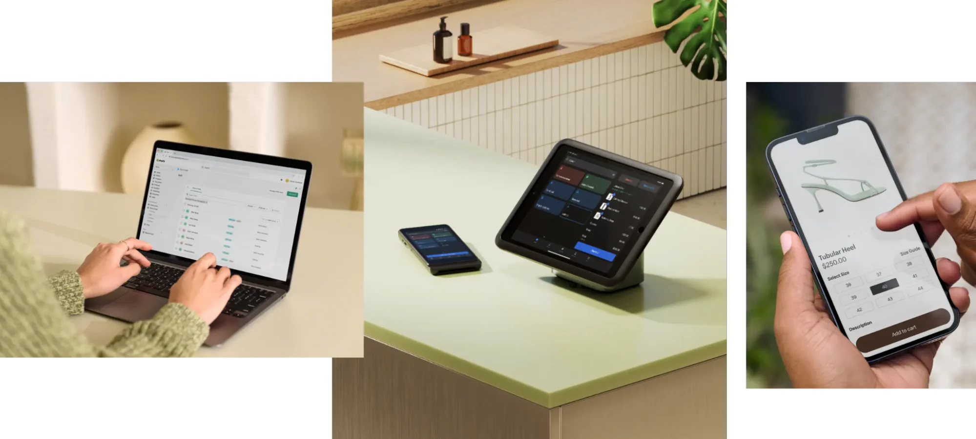 Three images of Shopify POS, someone using it on a laptop (left); tablet and mobile POS on counter (center); mobile POS app (right)