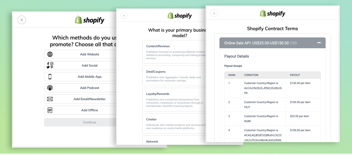 Assorted screenshots from the Shopify Affiliate Program signup form.