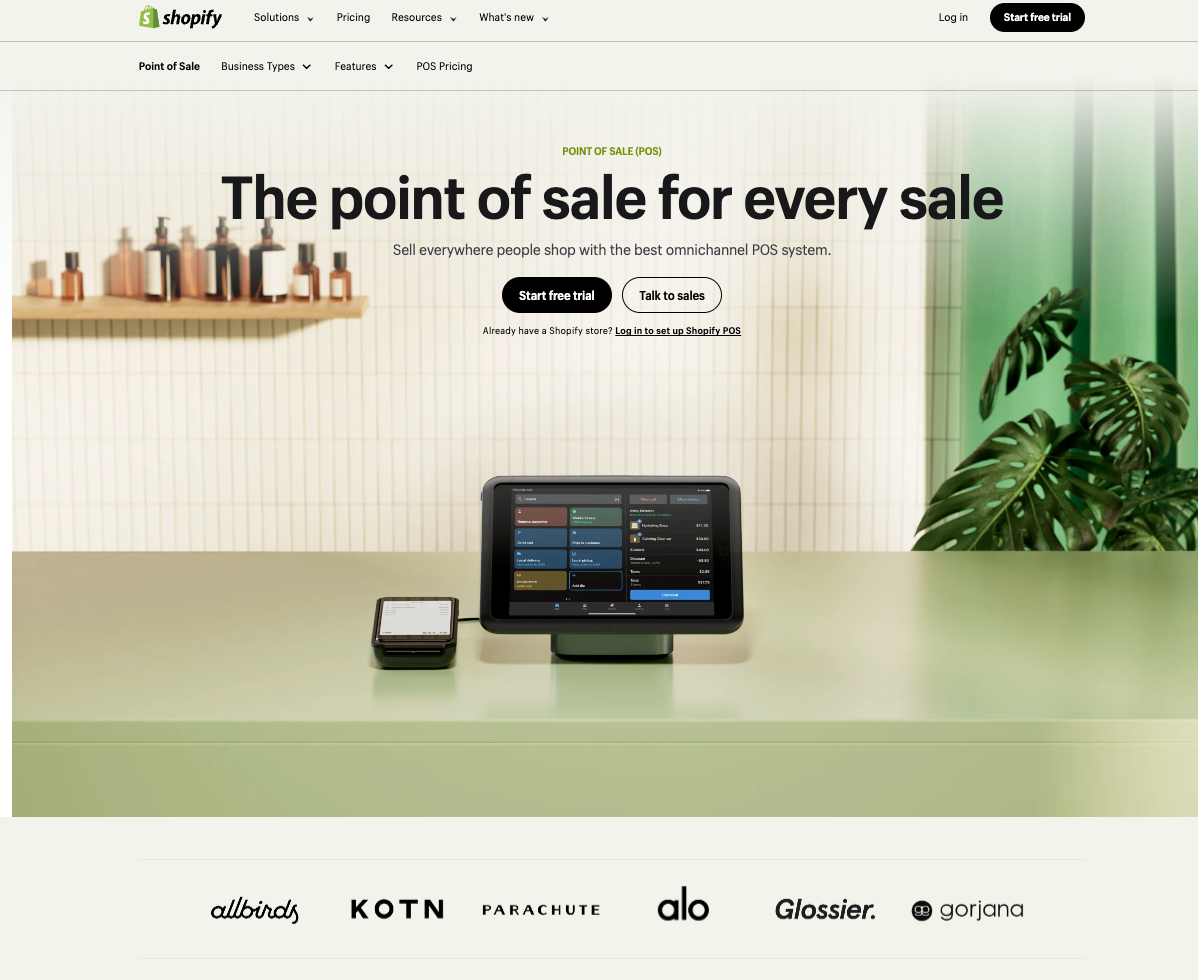 Landing page for Shopify POS shows a logo wall and photo of the product.