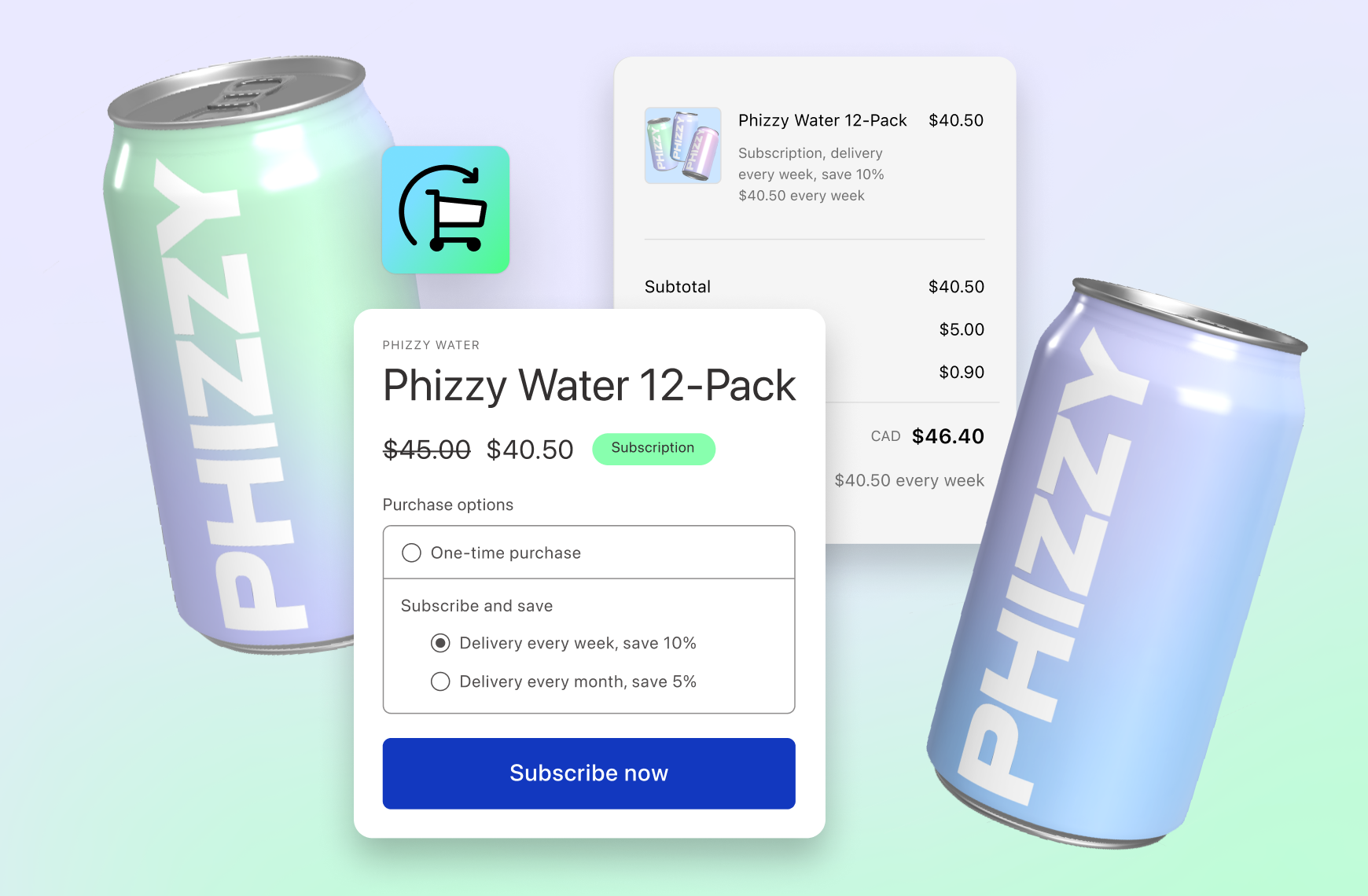 Two cans of soda along with the interface of the Shopify Subscriptions app representing how someone could use Shopify Subscriptions to set up a subscription drink business