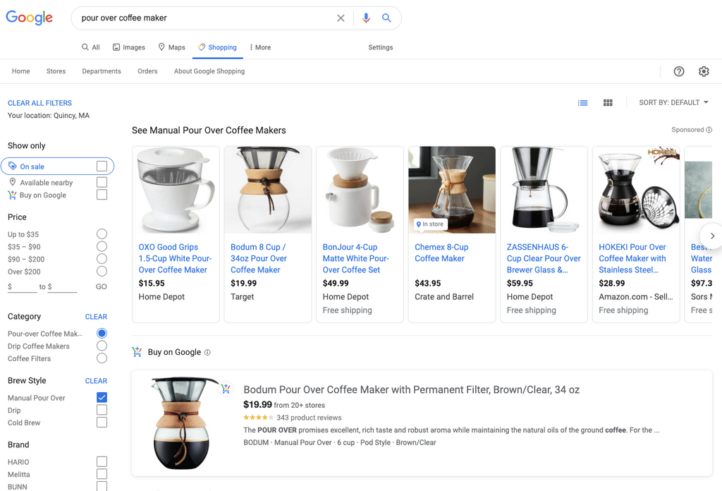 Example of Shopping ads under the Shopping tab in Google