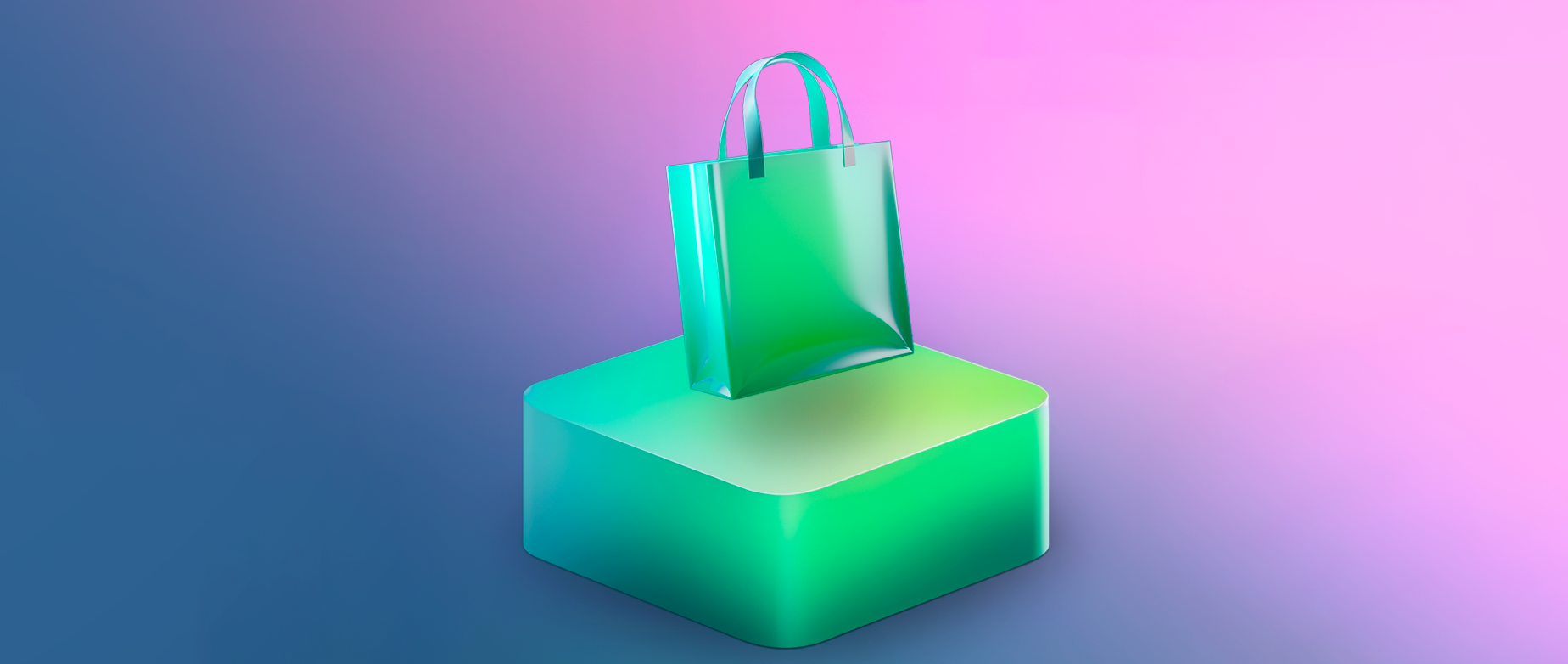 3D icon of a shopping bag on a plinth representing ecommerce platforms for small businesses.