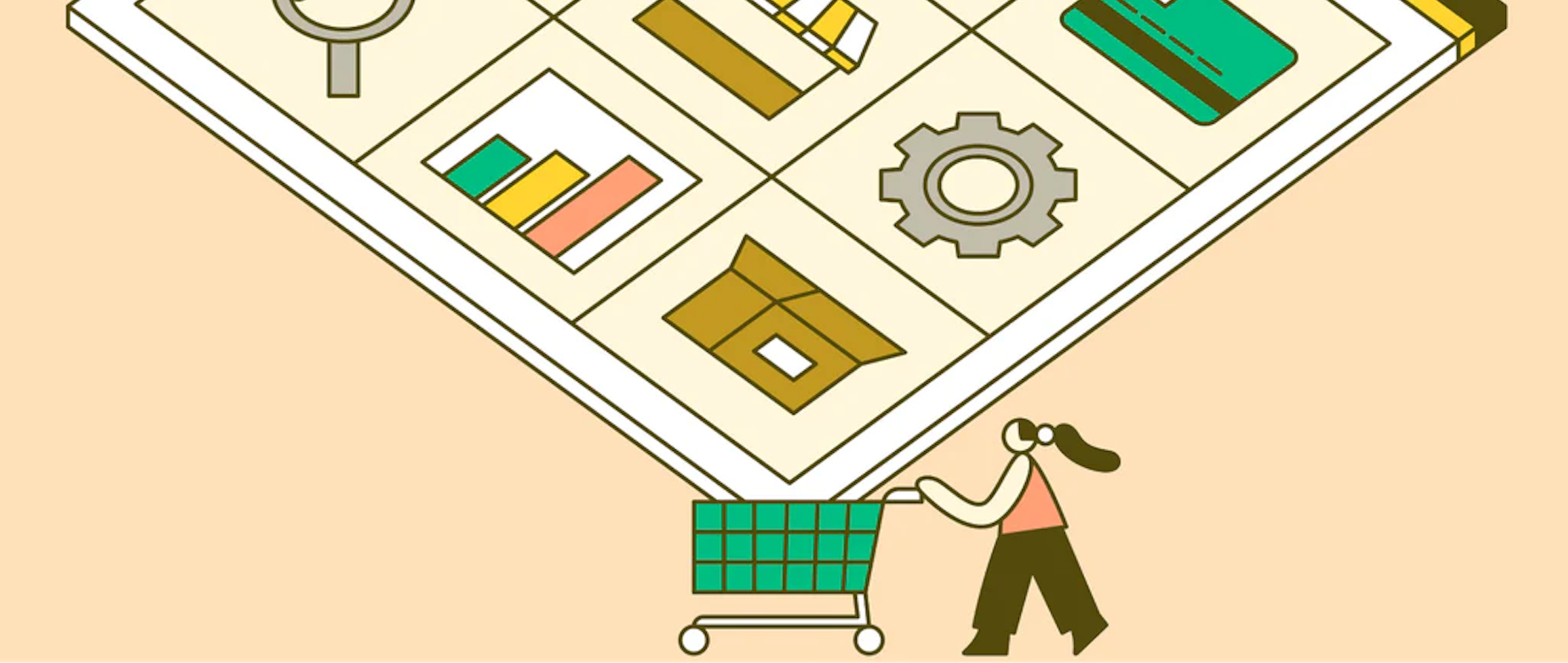 Illustration of a person pushing a shopping cart that contains an oversized webpage.