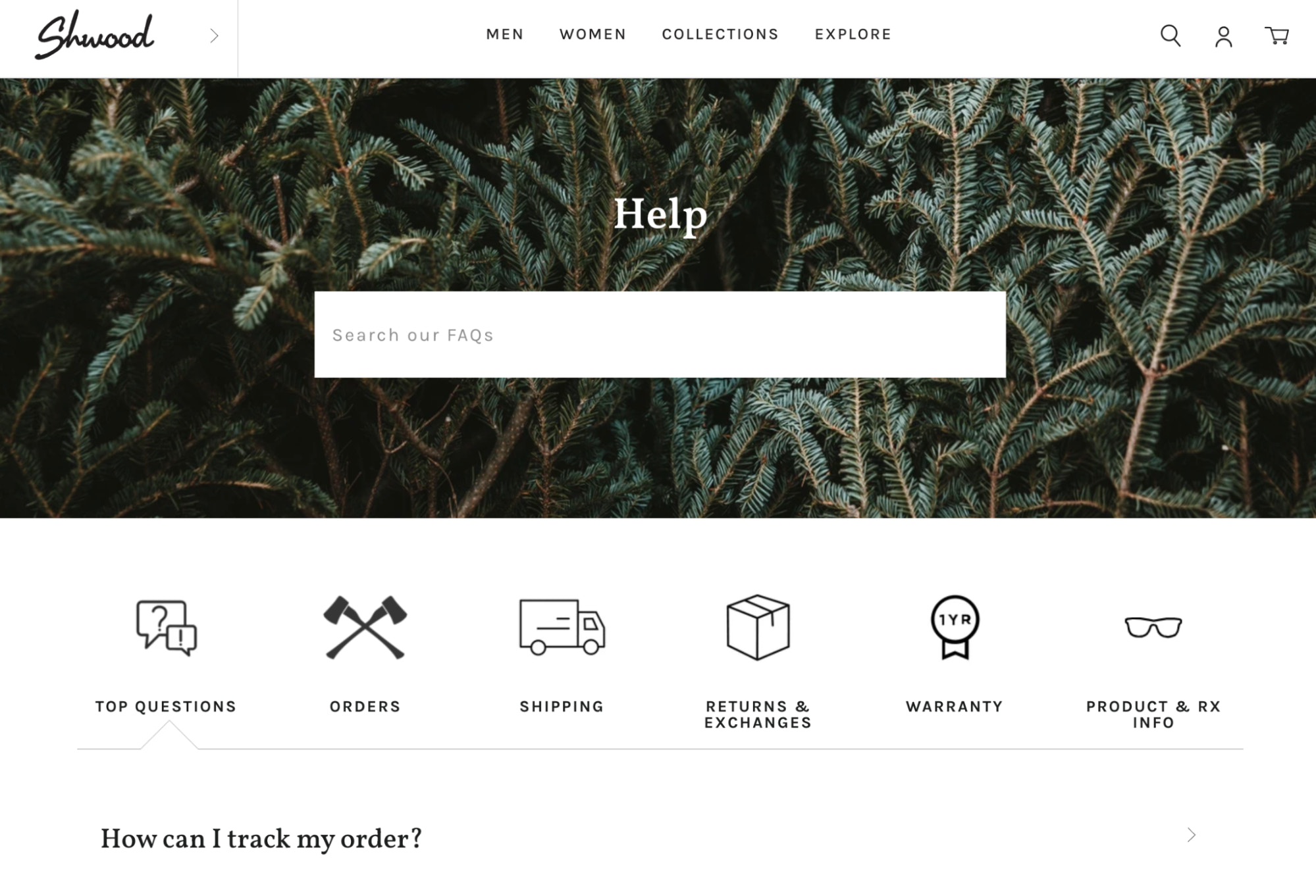Shwood’s FAQ page with icons representing each FAQ category, including orders and shipping.