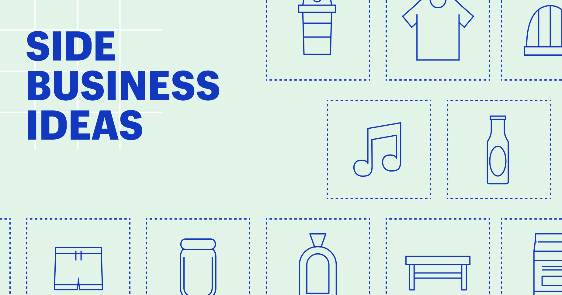 Graphic of squares filled with logos for a music note, t-shirt, coffee cup and more, with the words "side business ideas"