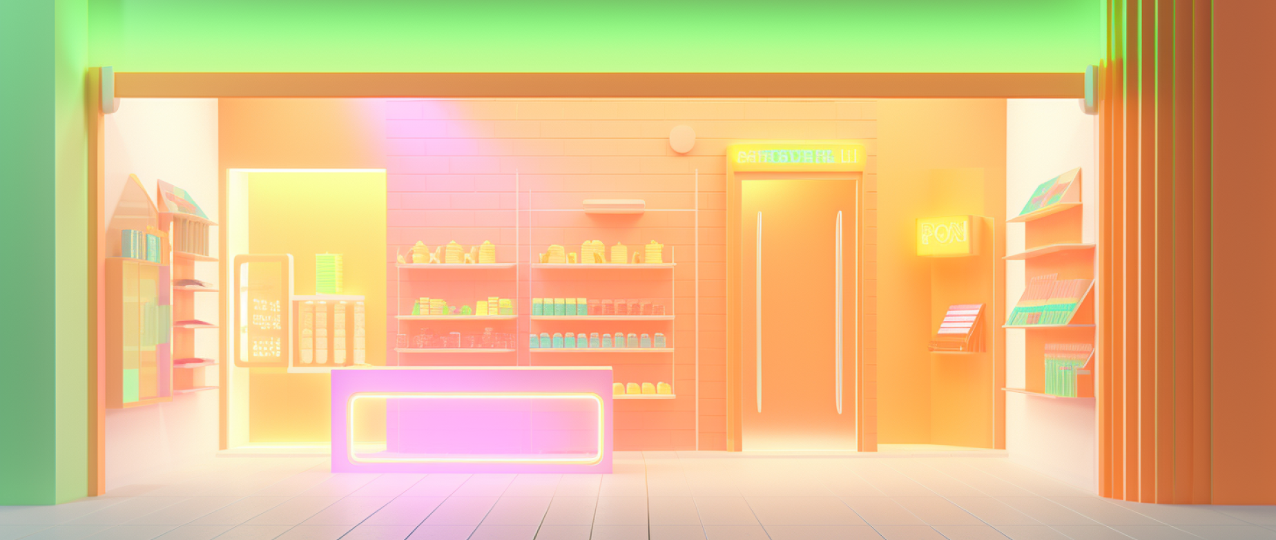 A neon lit store front with multiple colors.
