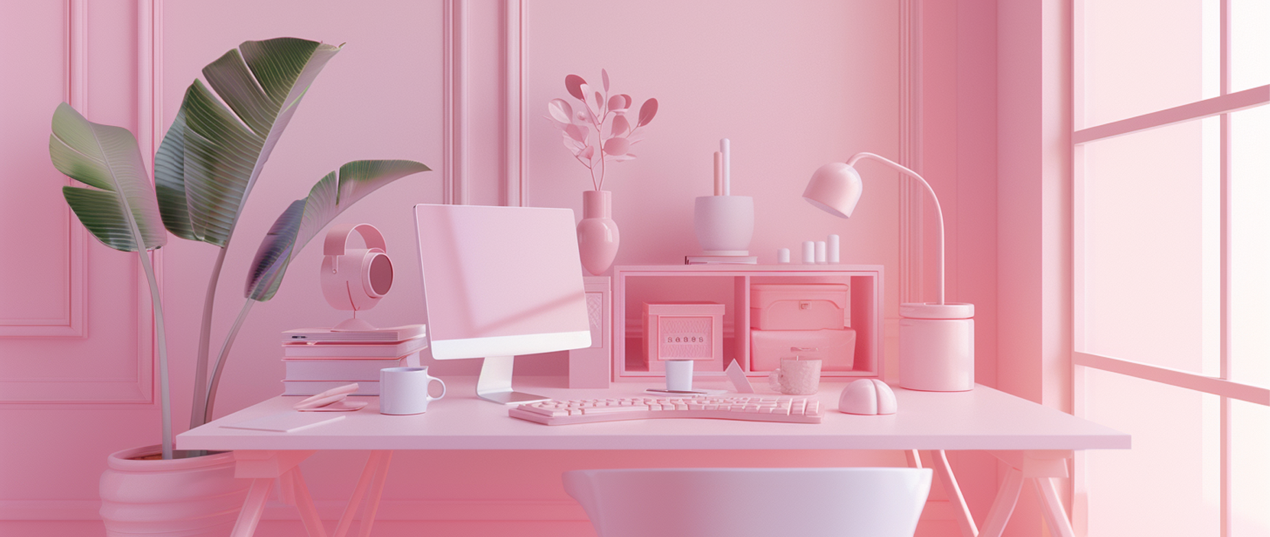 A pink home office set up next to a window with a house plant.