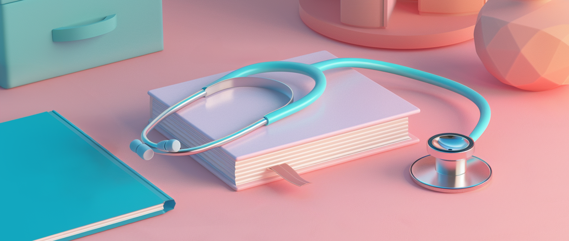 A stethoscope on a notebook on a pink desk.