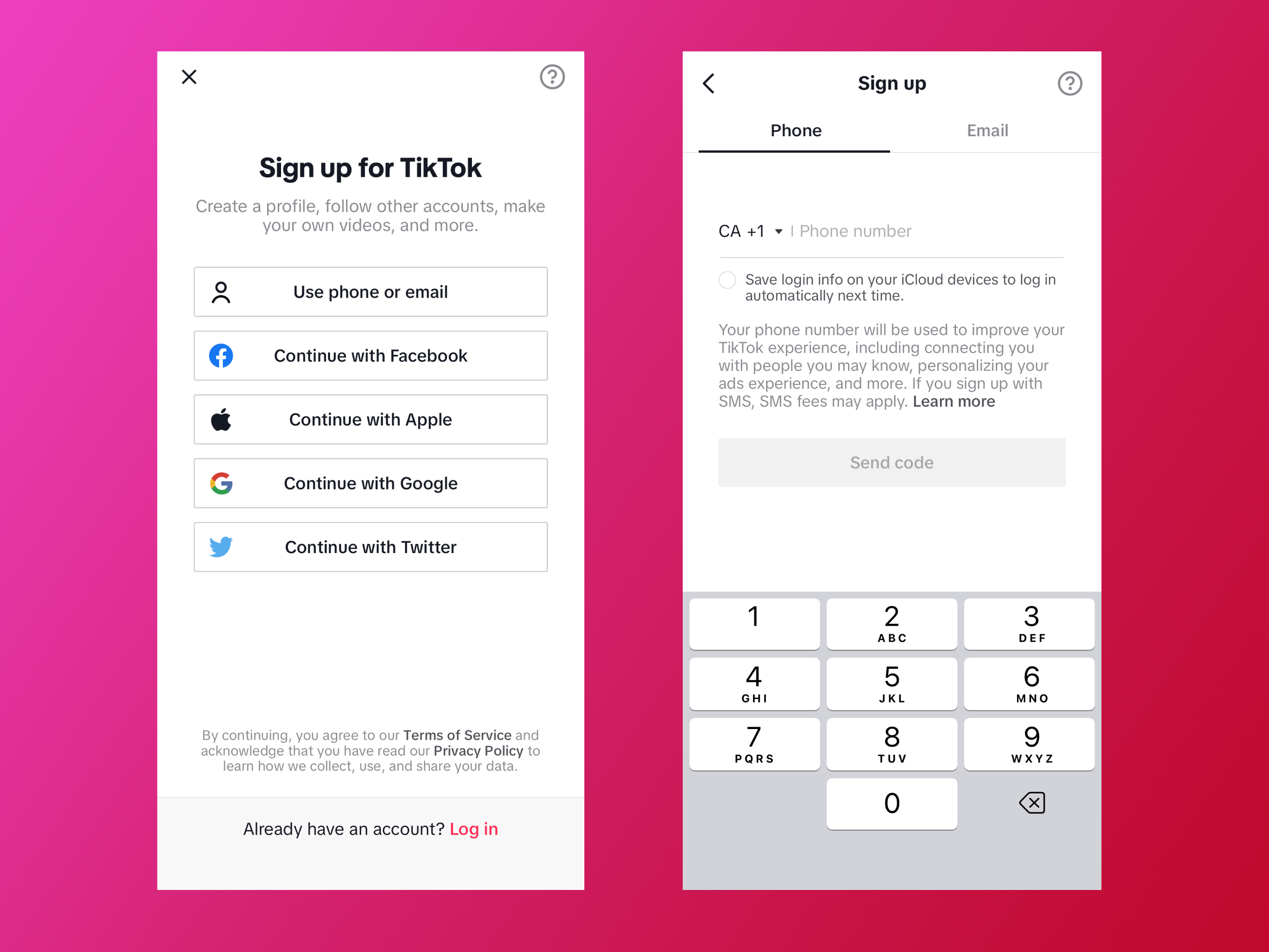 Side by side mobile screen of the TikTok UI showing the sign up flow
