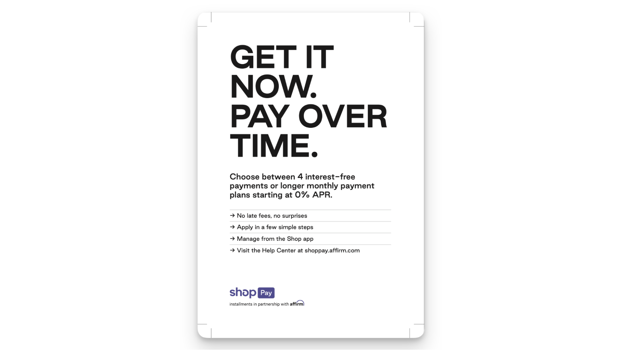 Example of a customer postcard from Shop Pay signage kit