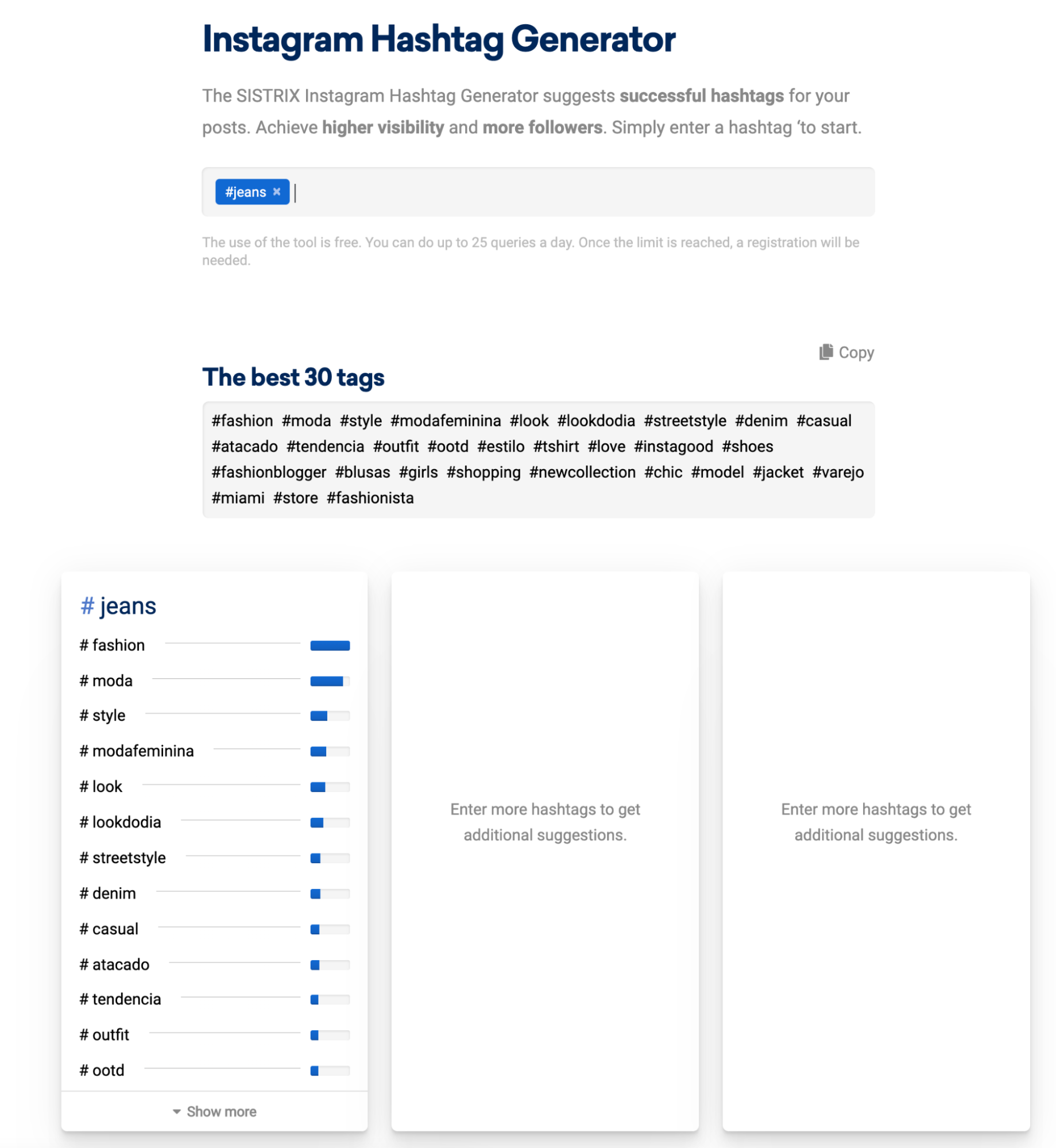 Sistrix Instagram Hashtag Generator lists 30 hashtags to use based on the search of