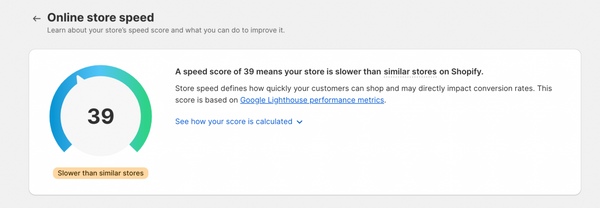 Shopify report showing a website site speed of 39.